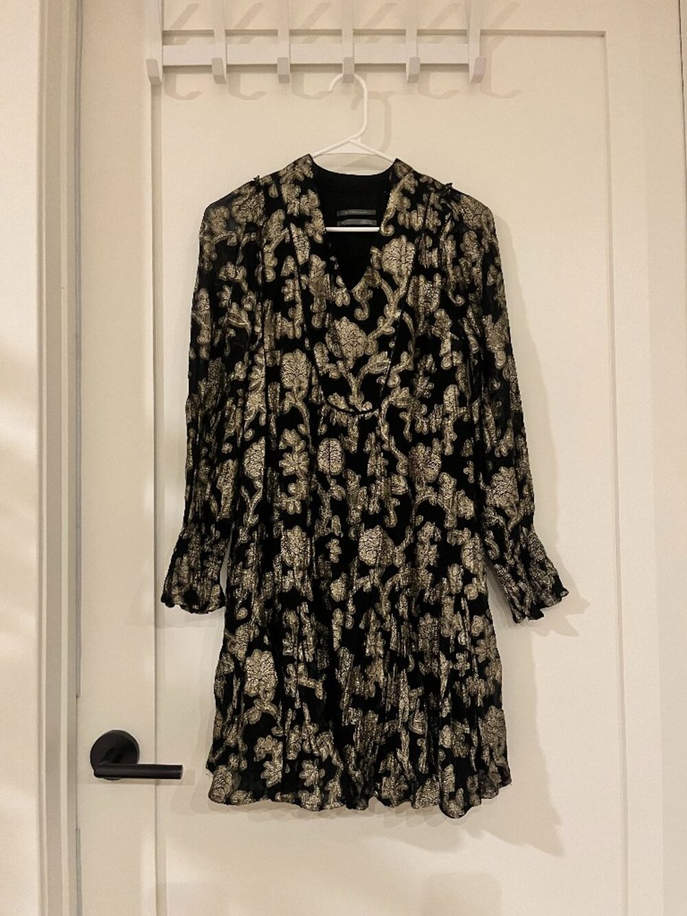 Matthew Williamson Black Gold Metallic Floral Long Sleeve Dress
